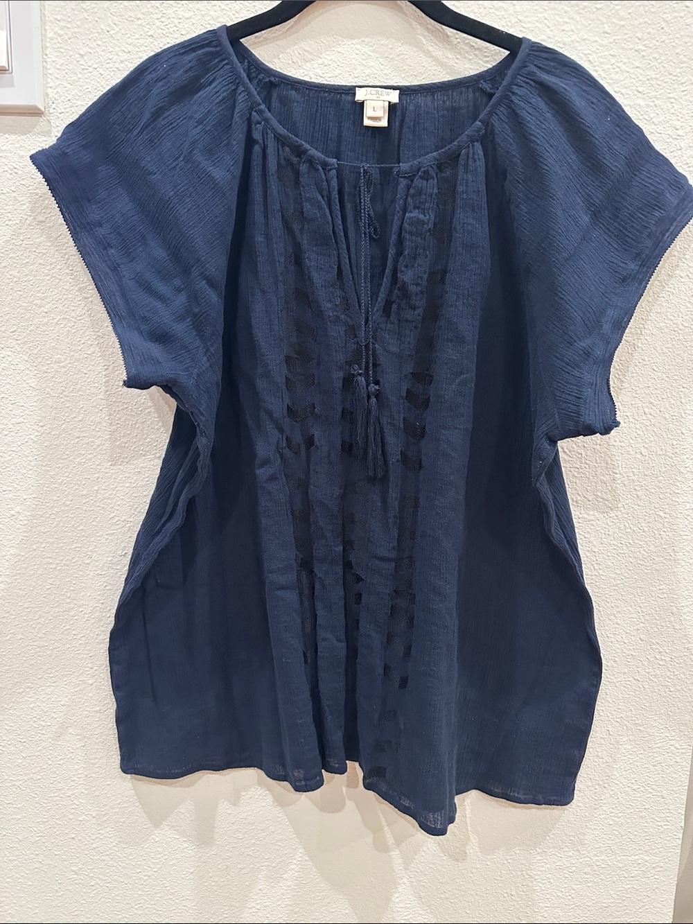 J. Crew Navy Gauze Peasant Tunic with Tassel Detail